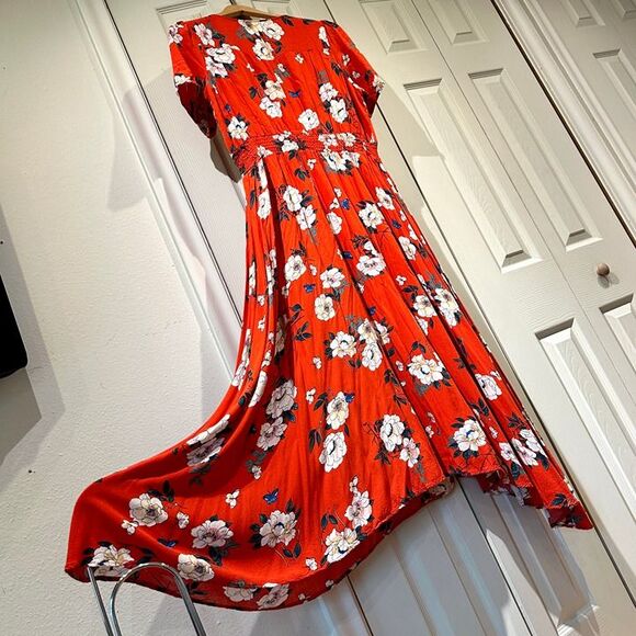 Retro Tomato Red & White Floral Flowy Short Sleeve Button Down A Line Maxi Dress - Picture 8 of 12